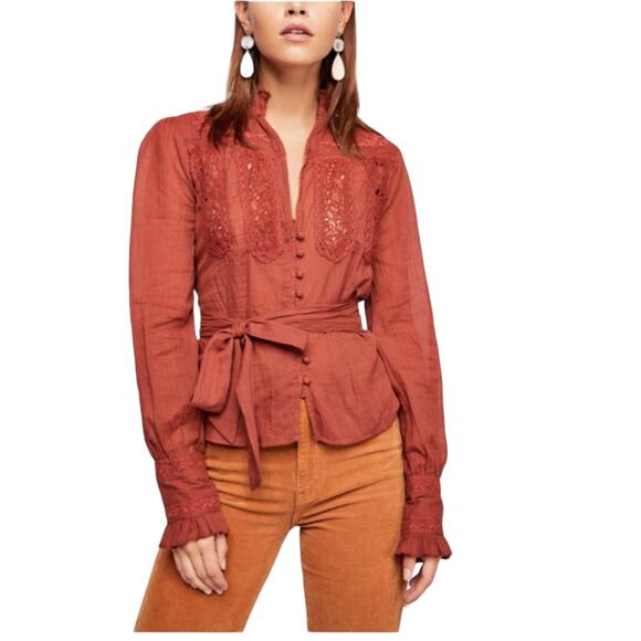 Free People Sienna Orange Sweet Memories Embroidered Crochet Blouse - Picture 1 of 12